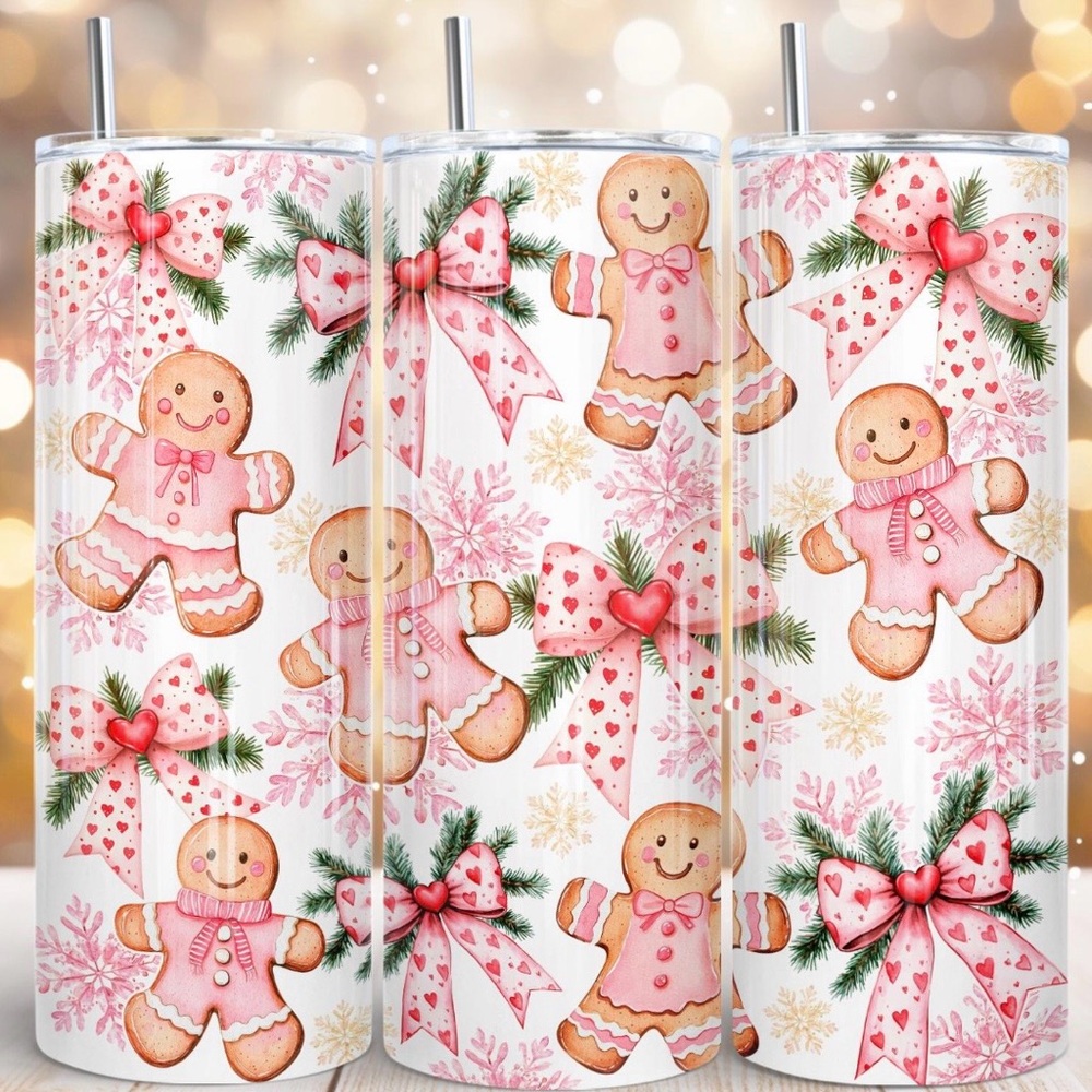Gingerbread Holiday Tumbler with Pink Bows